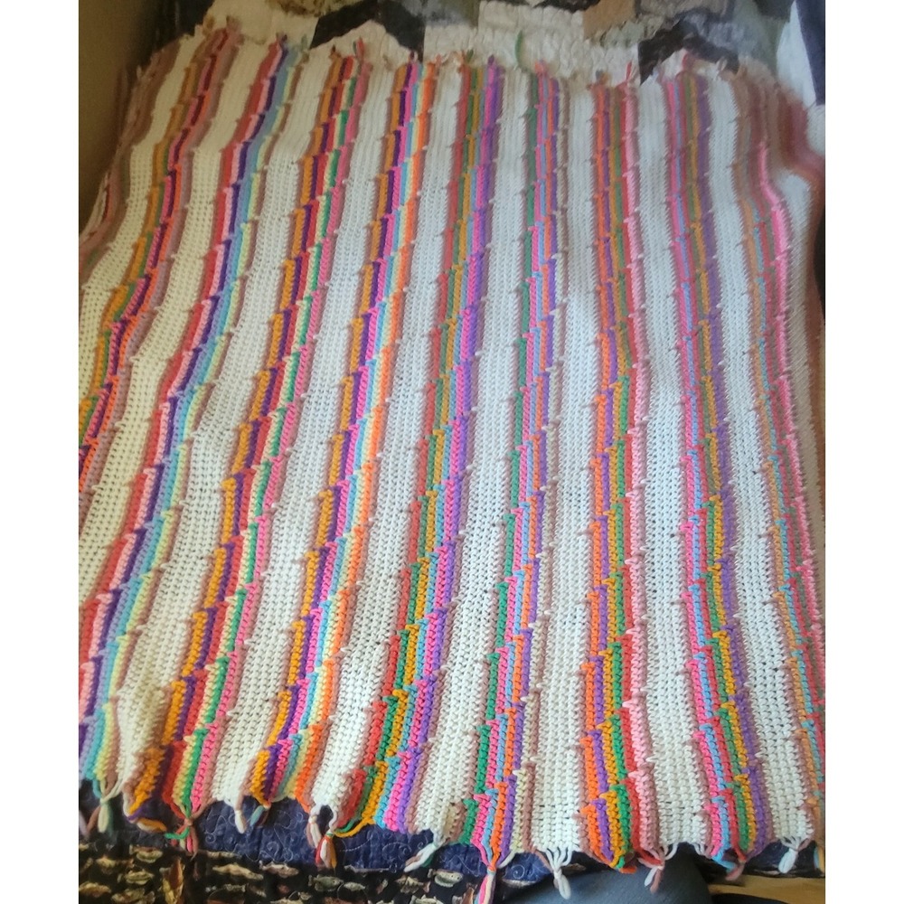 Vintage Afghan Blanket Crazy Neon Pattern Crochet Throw Rainbow Multicolor 56x46